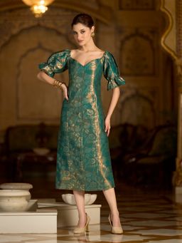 PURVAJA - Women Teal Midi Puff Sleeve Sweetheart Floral Dress