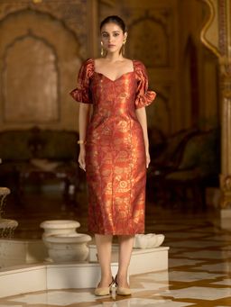 PURVAJA - Women Rust Midi Puff Sleeve Sweetheart Floral Dress