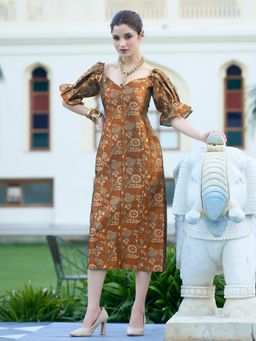 PURVAJA - Women Brown Midi Puff Sleeve Sweetheart Floral Dress