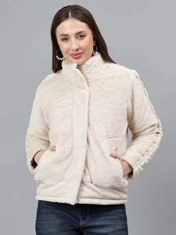 Cantabil - Women Ivory Nylon High Neck Bomber Jacket