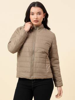 Cantabil - Women Brown Nylon Mandarin Neck Bomber Reversible Jacket