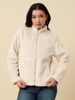Cantabil - Women Off White Wool Mandarin Neck Bomber Jacket