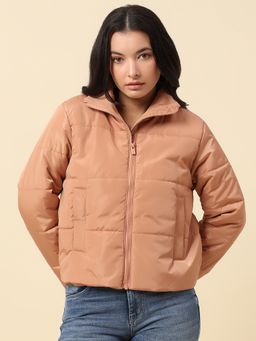 Cantabil - Women Peach Nylon Mandarin Neck Bomber Jacket