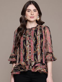 Label Ritu Kumar - Women Black Viscose Floral Top