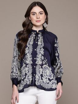 Label Ritu Kumar - Women Navy Blue Viscose Floral Top