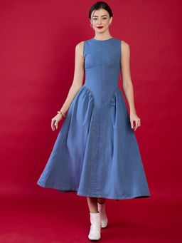 Uptownie - Structured Bodice Flared Denim Dress