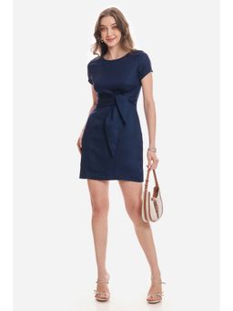 Virgio - Solid Viscose Front Tie Up Round Neck Shift Women Dress
