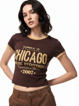 Outzidr - Brown Fitted Studded Printed Graphic T-Shirt