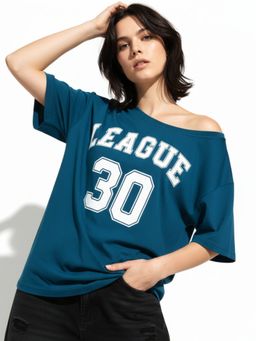 Outzidr - Teal Boat Neck Graphic Printed T-Shirt