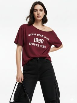 Outzidr - Maroon Off Shoulder Graphic Printed T-Shirt