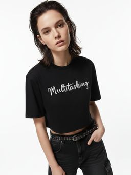 Outzidr - Black Cropped Boxy Graphic Printed T-Shirt