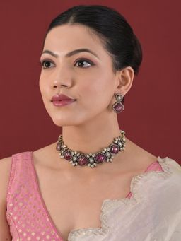 Designbox - Wine Stone Studded Pearl Jewellery Set