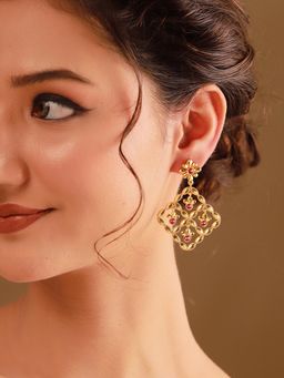 Voylla - Pink Nakashi Jaali Stone Studded Drop Earrings