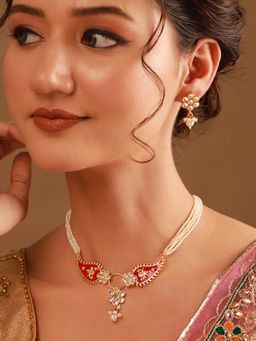 Voylla - Red Phool Moti Haar Pearl and Stone Jewellery Set