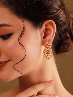 Voylla - Pink Phoolra Zari Stone Drop Earrings