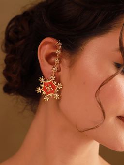 Voylla - Red Rajwada Surya Attached Ear Chain Stud Earrings