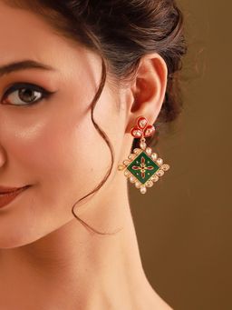 Voylla - Red and Green Rang Mahal Drop Earrings