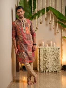 KISAH - Men Red Printed Cotton Blend Kurta with Abstract Print