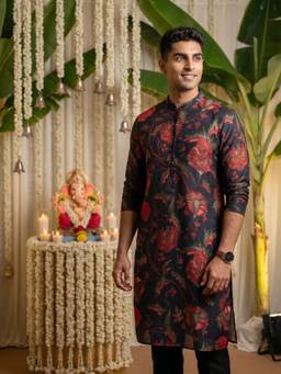 KISAH - Men Black Printed Cotton Blend Kurta with Abstract Print