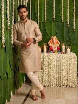 KISAH - Men Silk Blend Beige Kurta