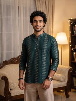 KISAH - Teal Embroidered Full Sleeves Kurta