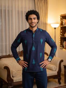 KISAH - Navy Blue Printed Full Sleeves Kurta