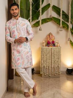 KISAH - Men's White Cotton Blend Printed Kurta with Straight Leg Trouser