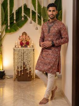 KISAH - Men's Rust Cotton Blend Printed Kurta with Churidar