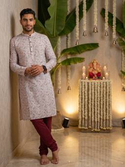 KISAH - Men White Printed Cotton Blend Kurta with Kantha Print