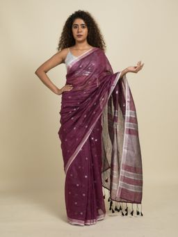 Suta - Purple and Silver Polka Linen Zari Saree