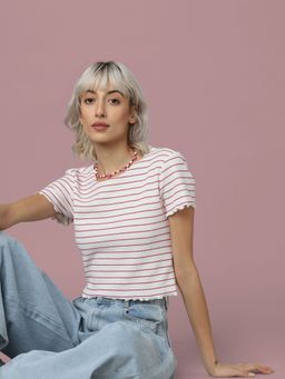 ONLY - Women Striped White T-shirt