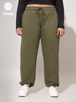 Twenty Dresses by Nykaa Fashion - Curve Olive Green Solid Basics Joggers