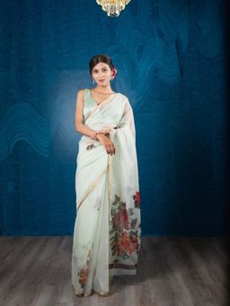 EXCLUSIVA - Green Floral Organza Digital Print Saree Zari Border with Unstitched Blouse