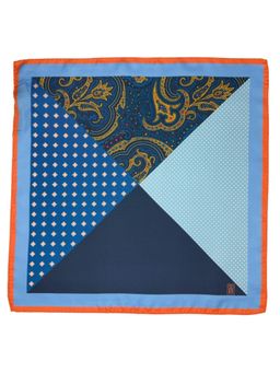 The Tie Hub - Multi-Pattern Italian Silk Pocket Square in Navy Blue with Paisley and Orange Border
