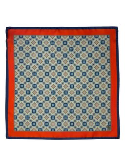The Tie Hub - Green Italian Silk Pocket Square with Blue Printed and Orange-Navy Border