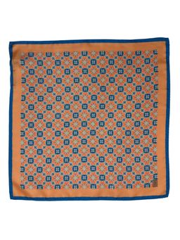 The Tie Hub - Orange Italian Silk Pocket Square with Blue Printed and Navy Border