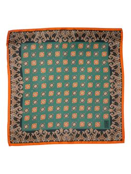 The Tie Hub - Green Italian Silk Pocket Square with Orange-Brown Motif