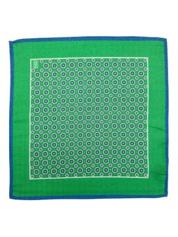 The Tie Hub - Green Wool Pocket Square with Blue Border and Geometric Motifs