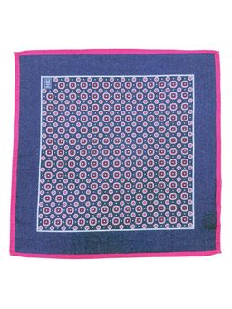The Tie Hub - Navy Blue Wool Pocket Square with Pink Geometric Motifs & Border