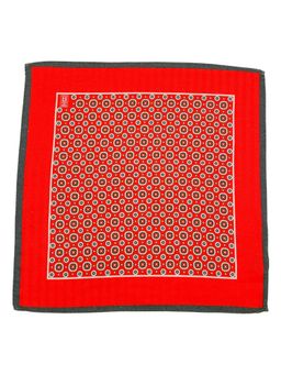 The Tie Hub - Red Wool Pocket Square with Grey Border and Geometric Motifs