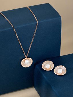 Peora - Rose Gold Plated Pearl Sheel CZ Necklace and Stud Earrings Jewellery Set