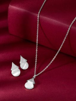 Peora - Silver Plated Cat Eye Style Necklace and Stud Earrings Fashion Jewellery Set