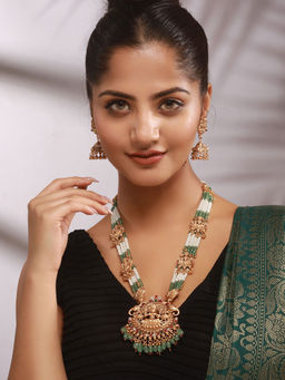 Saraf RS Jewellery - Gold Plated Green Pearl Beaded Lakshmi Motif Long Haram Temple Jewellery Set