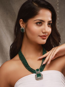 Saraf RS Jewellery - Silver Toned Kundan Studded Emerald Green Onyx Maala Pendant Jewellery Set