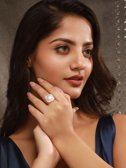 Saraf RS Jewellery - Gold Toned Off White Pearl Studded Engagement Luxe Square Adjustable Finger Ring
