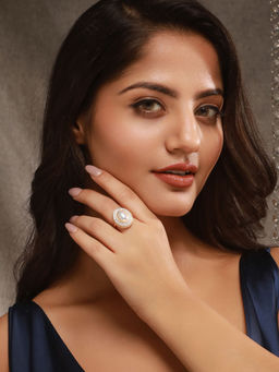 Saraf RS Jewellery - Gold Toned Off White Pearl Studded Engagement Oval Adjustable Finger Ring
