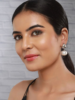 Saraf RS Jewellery - Anti-Tarnish Silver Plated Triangular Pearl Drop Minimal White Earring