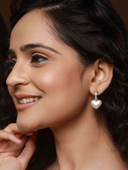 Saraf RS Jewellery - Anti-Tarnish Silver Plated White Pearl Heart Shaped Small Minimal Hoop Earring