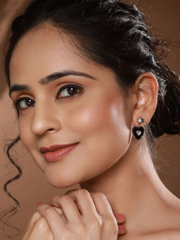 Saraf RS Jewellery - Anti-Tarnish Silver Plated Black Heart Shaped Minimal Drop Down Studs Earring