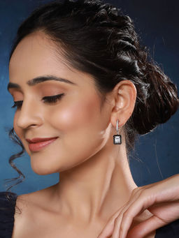 Saraf RS Jewellery - Anti-Tarnish Silver Plated Black Geometric Hoops Minimal Dropdown Earring
